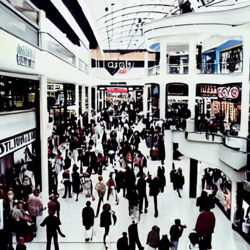 Image similar to A photograph of people in a mall, circa 1993