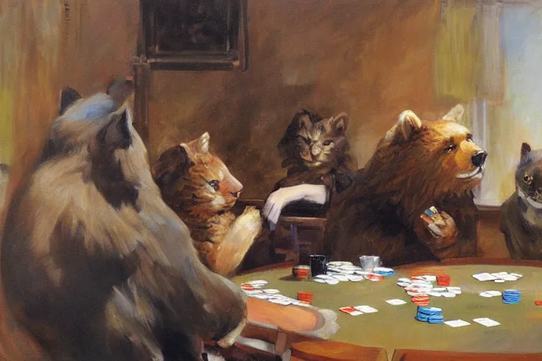 Image similar to 2 animals, cat, bear, playing poker, highly detailed beautiful, by gregory manchess, james gurney, james jean