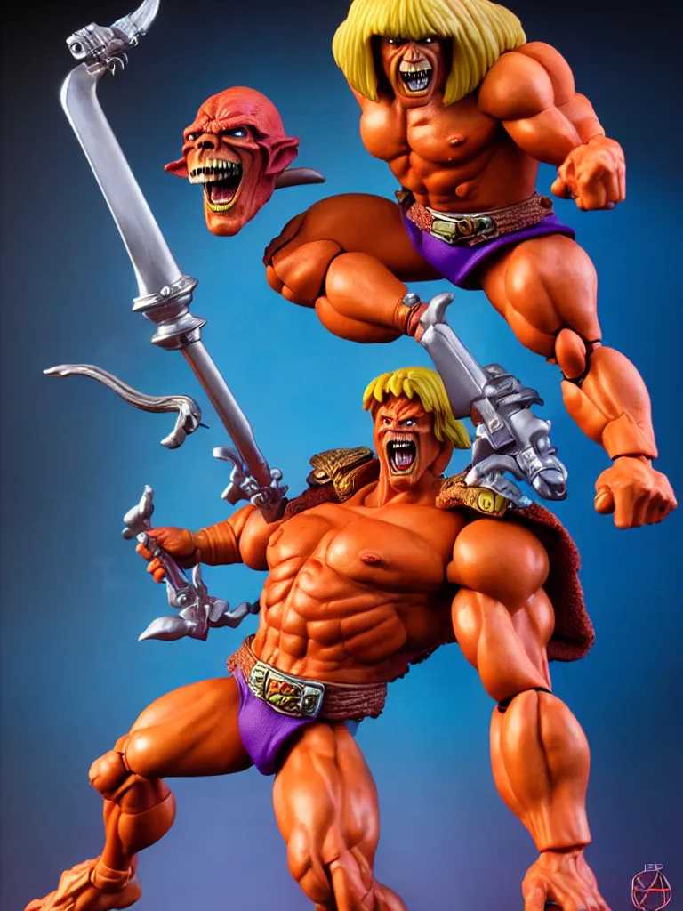 Image similar to hyperrealistic rendering, he - man by art of skinner and richard corben and jeff easley, product photography, action figure, sofubi, studio lighting, colored gels