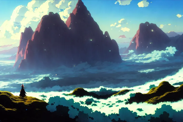 Image similar to anime key visual environment concept art of of wanderer above the sea of fog 1 8 1 8 with anime maid with long flowing brown hair, grimdark fantasy, acrylic painting, trending on pixiv fanbox, palette knife and brush strokes, oil on canvas, style of makoto shinkai jamie wyeth james gilleard edward hopper greg rutkowski studio ghibli genshin impact