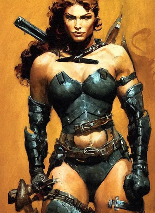 Image similar to portrait of strong female ranger, beautiful! coherent! by frank frazetta, by brom, strong line, deep color, leather armor, short buzzed hair, high contrast
