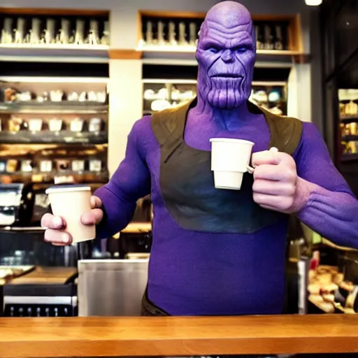 Image similar to thanos buying coffee in starbucks, hyper realistic