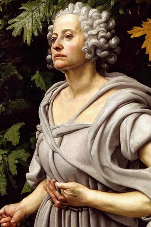 Image similar to renaissance painting of elder in the garden, closeup, short silver hair, a wise face, emotions closeup, dressed in roman armour, the beautiful garden with oak leaves everywhere, ultra detailed, art by Guido Reni style, Vincenzo Catena style