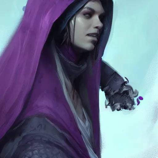 Image similar to female warlock long hood cloak purple, fighting monster with magic, 8 k, trending on artstation by tooth wu and greg rutkowski