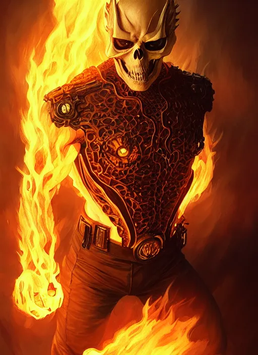 Image similar to Portrait of Ghost Rider, D&D, muscular, fantasy, intricate, elegant, highly detailed, digital painting, artstation, concept art, smooth, sharp focus, illustration, art by artgerm and greg rutkowski and alphonse mucha