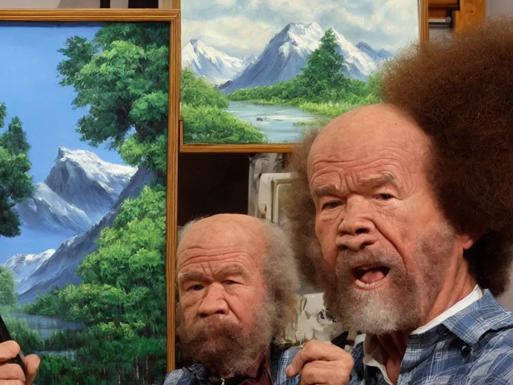 Prompt: old bob ross is sad and angry and yelling at a huge painting of nature by bob ross