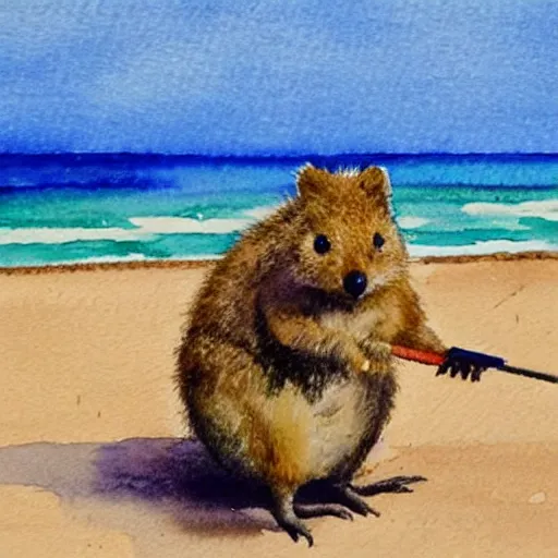 Image similar to a quokka using a metal detector on the beach, realistic watercolour