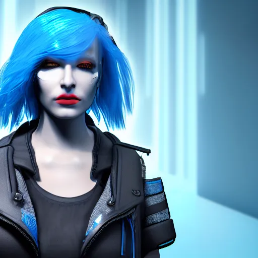 Image similar to a portrait of a cyberpunk woman, blue neon hair, hyperdetailed, rtx, hdr, 3 d render, octabe render, 8 k.