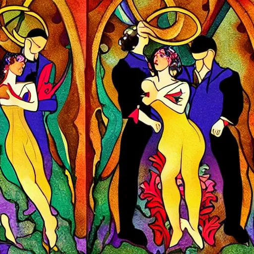 Image similar to latin male and female dance band in the style of art nouveau. lively. colorful. hd.