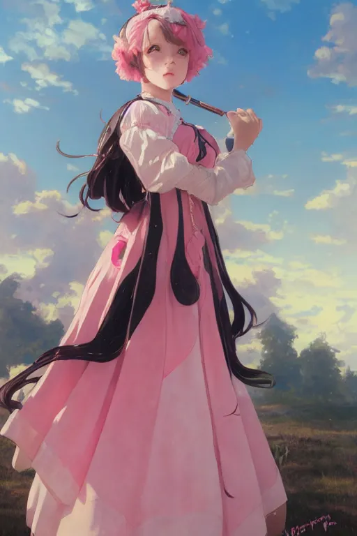 Image similar to a character design of little girl with black hair in a pink lolita dress, sky background by krenz cushart and mucha and akihito yoshida and greg rutkowski, detailed eyes, 4 k resolution