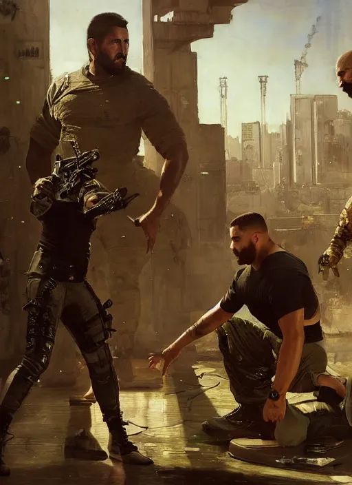 Prompt: big mike fighting javier. cyberpunk meathead wearing a military vest and combat gear. Meathead trying to intimidate cyberpunk hacker. (Cyberpunk 2077, bladerunner 2049). Iranian orientalist portrait by john william waterhouse and Edwin Longsden Long and Theodore Ralli and Nasreddine Dinet, oil on canvas. Cinematic, hyper realism, realistic proportions, dramatic lighting, high detail 4k