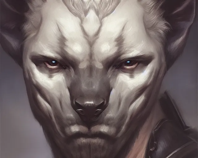 Image similar to A detailed matte oil on canvas head on symmetrical portrait of a man with the head of a hyena wearing heavy armor by Charlie bowater, Lise Deharme, Wlop, trending on artstationhd, dungeons and dragons art, critical role