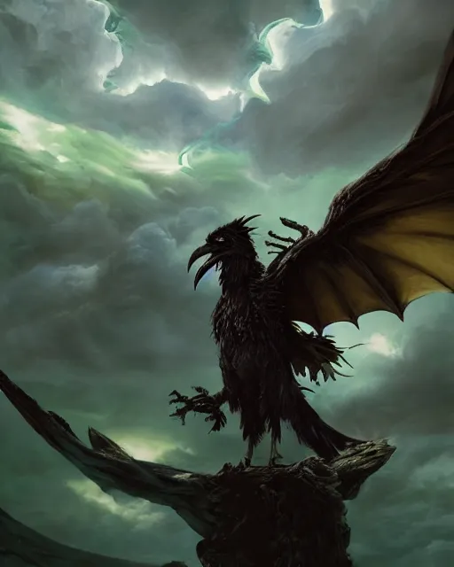 Image similar to oil painting of a Anthropomorphized raven shaman casting spell, spirit of green dragon behind in the clouds, sharp focus, heroic pose, fantasy style, octane render, volumetric lighting, 8k high definition, by greg rutkowski, highly detailed, trending on art Station, magic the gathering artwork, Woodland background, centered