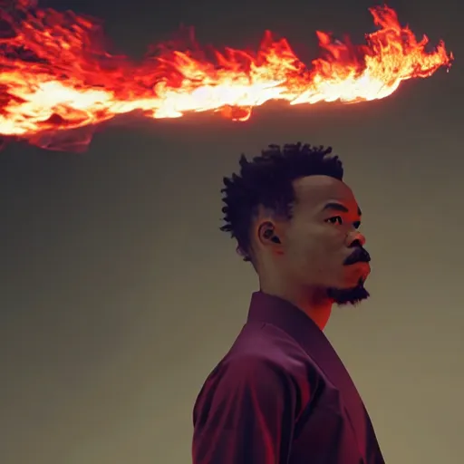 Image similar to cinematic film still of Chance The Rapper starring as a Samurai holding fire, Japanese CGI, VFX, 2022, 40mm lens, shallow depth of field, film photography