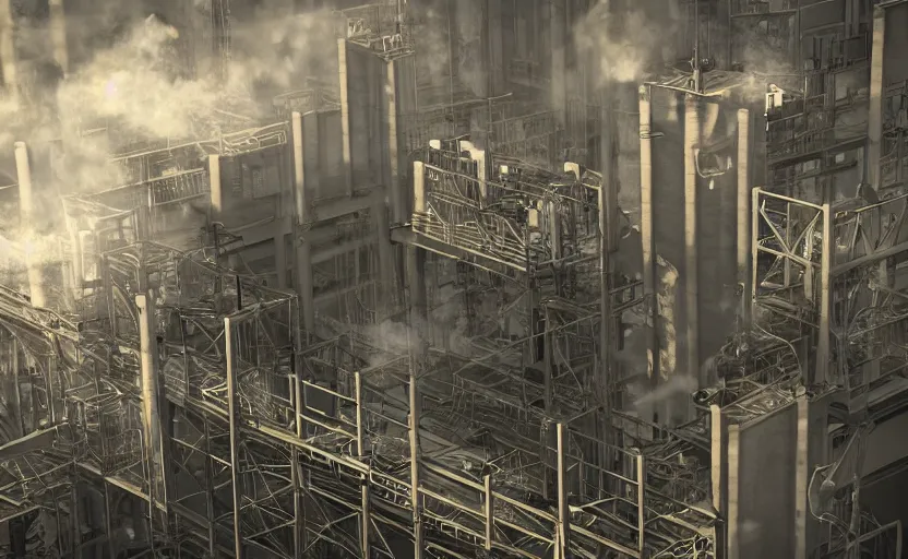 Image similar to industrial towers workers smoke photorealistic