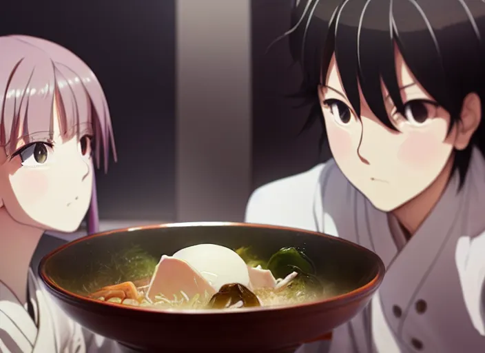 Image similar to a film still portrait of a bowl with sukiyaki, finely detailed features, closeup at the food, perfect art, at a dinner table, gapmoe yandere grimdark, trending on pixiv fanbox, painted by greg rutkowski makoto shinkai takashi takeuchi studio ghibli, akihiko yoshida