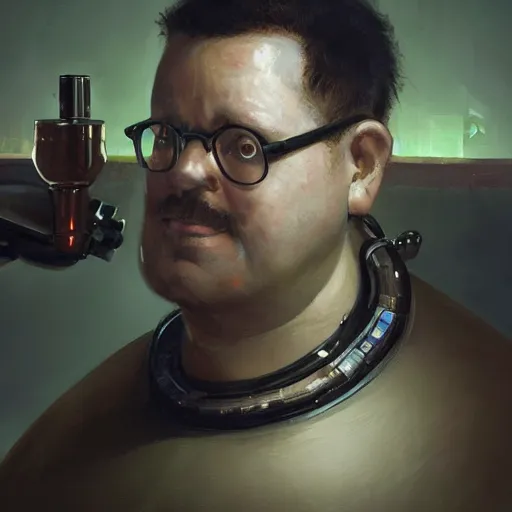 Image similar to closeup portrait of an overweight barkeeper, prosthetic robot arm, ratz, neuromancer, bar background, painted by greg rutkowski, painted by igor kieryluk, high detail, dramatic light, digital art, trending on artstation