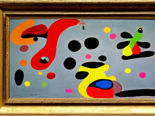 Prompt: oil painting of strange beings in a temple, Joan Miro