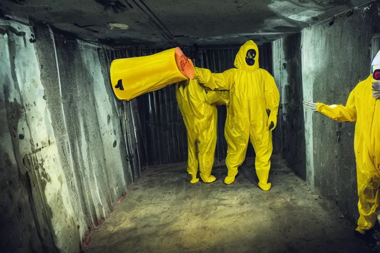 Prompt: a giant drippy meat monster grows out of control in a creepy bunker science lab asa single man in a yellow hazmat suit looks on helplessly