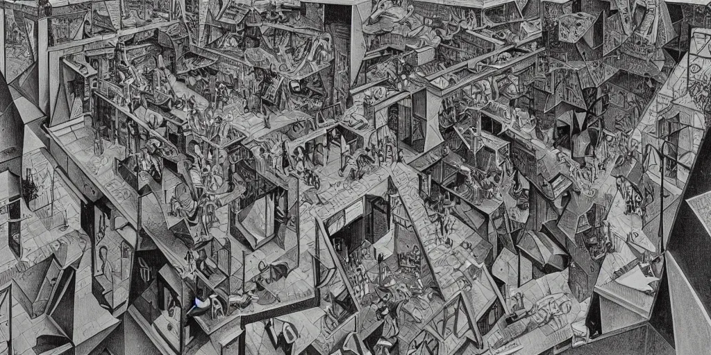 Prompt: early 9 0's liminal space in the style of mc escher and heironymus bosch, colorful intricate masterpiece, very hyper detailed