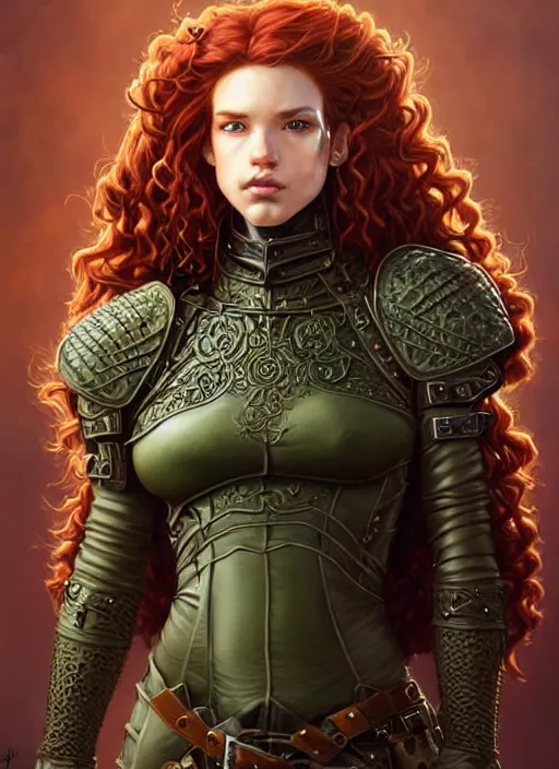 Image similar to ranger, leather armor!!! long curly red hair!! covered chest!!! green eyes, fantasy, d & d, intricate ornate details, digital painting, pretty face!!, symmetry, concept art, sharp focus, illustration, art by artgerm! greg rutkowski magali villeneuve wlop! ilya kuvshinov!!, octane render