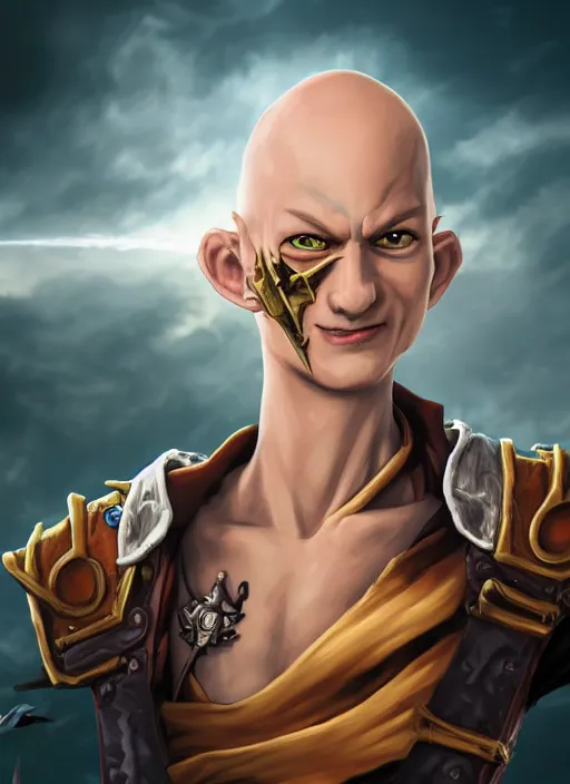 Image similar to An epic fantasy comic book style portrait painting of a skinny white bald sky-pirate with a goofy expression sitting in front of a ship's cannon yu-gi-oh style , unreal 5, DAZ, hyperrealistic, octane render, cosplay, RPG portrait, dynamic lighting