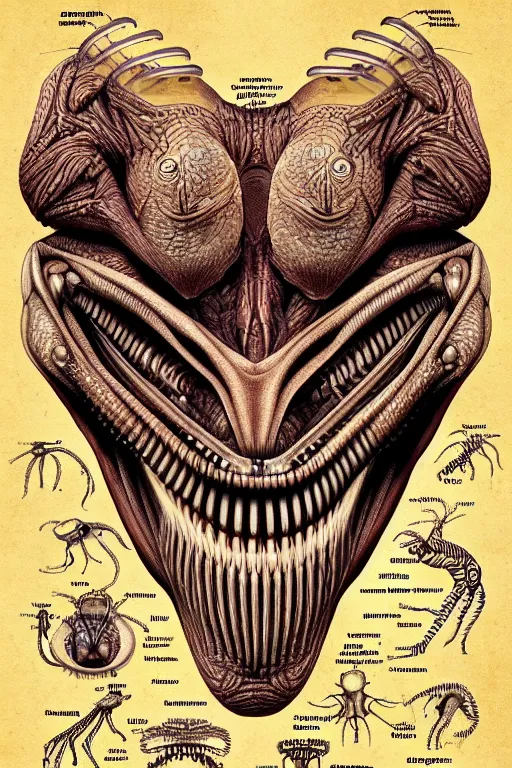 Image similar to anatomically accurate diagram of alien animal, intricate parts, fine details, hyper realistic, by seichen, surreal