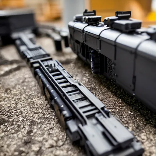 Image similar to an hd photograph, of a completely 3 d printed rail gun. 5 0 mm lens, f 1. 8.