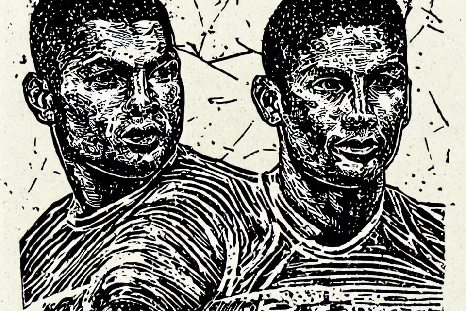 Prompt: a linocut engraving of ronaldo fenomeno