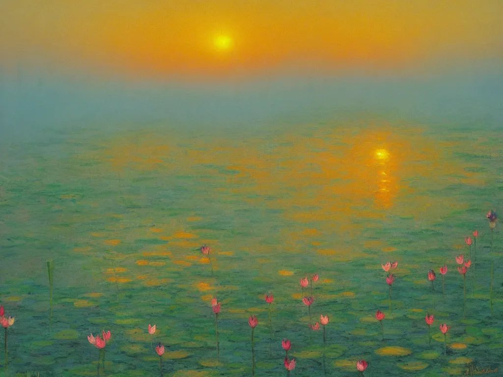 Prompt: impressionism painting of a pond of lotus on a foggy morning, sun low on horizon through skyscrapers, soft light, misty