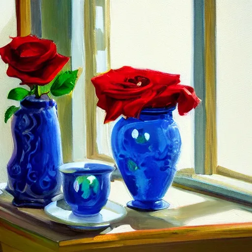 Prompt: A painting of a windowsill with two vases. One vase containing a red rose. And the other vase containing a blue violet. The natural light from the window would be shining in on the scene. Trending on artstation