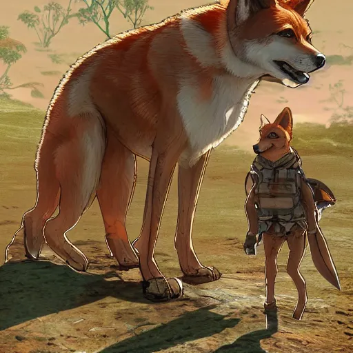 Image similar to stylized character concept art of the small cute dingo dog in the australia outback, hidari, color page, tankoban, 4 k, tone mapping, akihiko yoshida, clean bright happy adventure