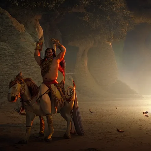 Image similar to scene from mahabharata with, cinematic, atmospheric, volumetric light, high octane render, backlight, 1 6 k, high definition render, unreal 5 engine, hyperrealism, in the style of ridley scott, hayao miyazaki, frank bairstow, james cameron, artgerm, marvel comics, steven spielberg, craig mullins