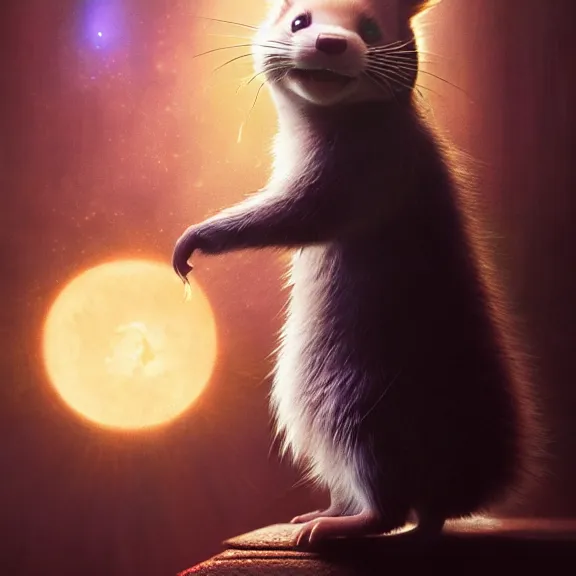 Image similar to a movie still from final fantasy live action, a ferret from detective pikachu, evocative, mystical night, sharp focus, very very very very detailed, award winning, masterpiece digital painting by greg rutkowski, alex grey, marc adamus, beautiful dramatic lighting, artstation, 4 k wallpaper, style by peter deligdisch, peterdraws