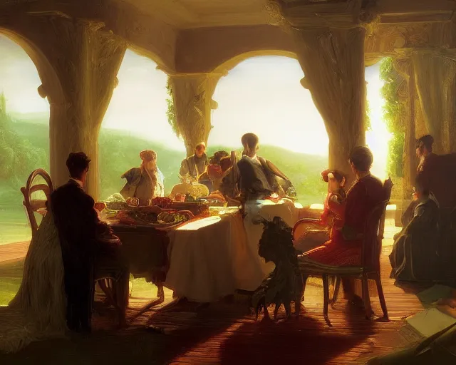 Prompt: an oil painting of victorian dinner, a digital painting by thomas cole, cgsociety, metaphysical painting, 2 d game art, storybook illustration, detailed painting