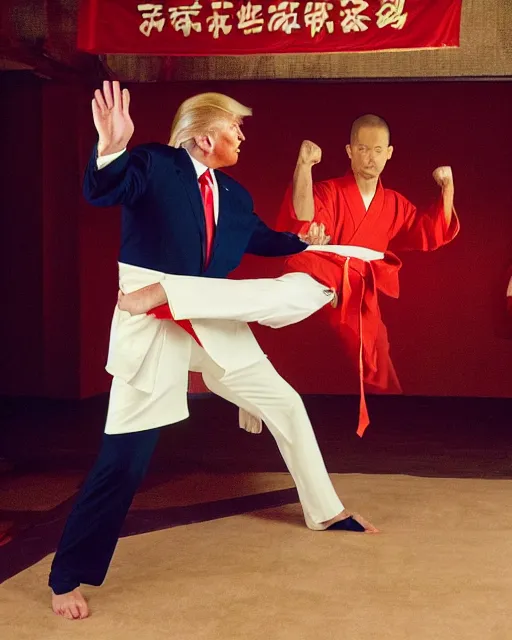 Image similar to Donald Trump practicing karate at the Shaolin temple, photorealistic, studio lighting, photographed in the style of Annie Leibovitz