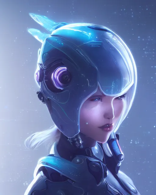 Image similar to perfect android girl on a mothership, warframe armor, beautiful face, scifi, futuristic, galaxy, nebula, raytracing, dreamy, long white hair, blue cyborg eyes, sharp focus, cinematic lighting, highly detailed, artstation, divine, by gauthier leblanc, kazuya takahashi, huifeng huang