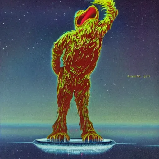 Image similar to elmo in the style of a 7 0 s science fiction novel cover, highly detailed, bruce pennington, peter jones