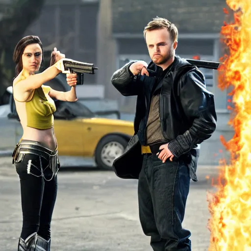 Prompt: Jesse Pinkman holding wonder woman hostage with a gun