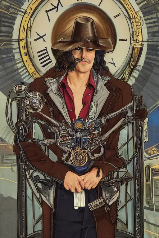 Prompt: a dramatic ethereal epic symmetrical painting of a handsome villainous cowboy standing in front of railroad tracks with a train locomotive | his shirt is unbuttoned and he has a pocketwatch | tarot card, art deco, art nouveau, (steampunk), homoerotic, realistic, clocks | by Mark Maggiori and ((Alphonse Mucha)) | trending on artstation