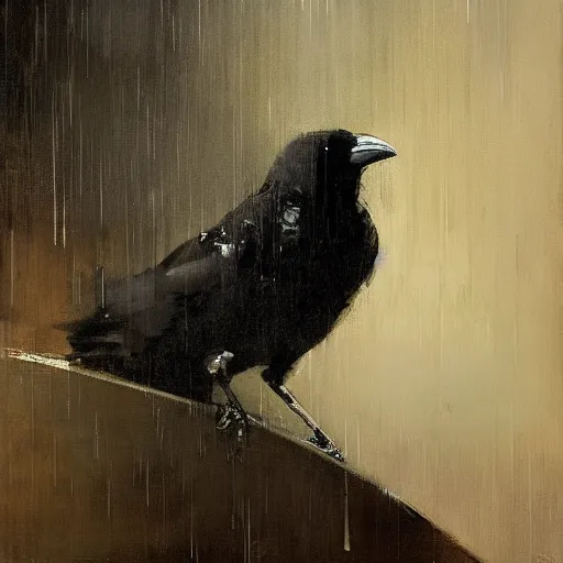 Image similar to portrait of a crow in rain, by jeremy mann.