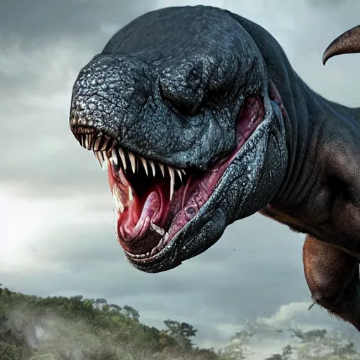 Image similar to A realistic photo of a mixture of Human and Tyrannosaurus, hyper-realistic, 8K HDR.