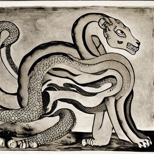 Prompt: the scaly maned serpentine lion-faced demiurge aquatint giotto