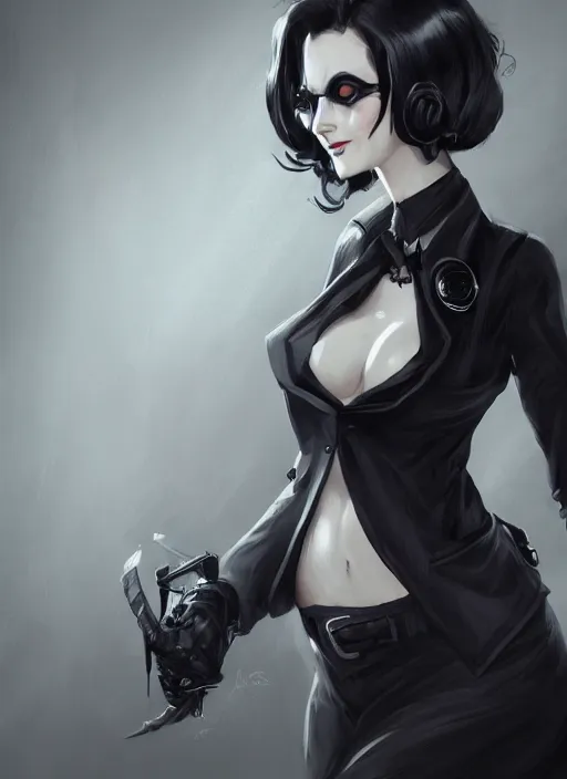 Image similar to a highly detailed illustration of beautiful short black messy haired woman wearing eyepatch and noir style suit and tie, dramatic smiling pose, intricate, elegant, highly detailed, centered, digital painting, artstation, concept art, smooth, sharp focus, league of legends concept art, WLOP