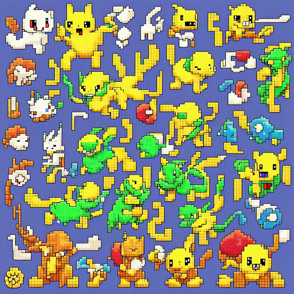 Image similar to pixelated pokemon monster inspired by ragnarok online, 1 2 8 bit, 1 0 0 0 x 1 0 0 0 pixel art, 4 k, super detailed, nintendo game, pixelart, high quality, no blur, sharp geometrical squares, concept pixelart