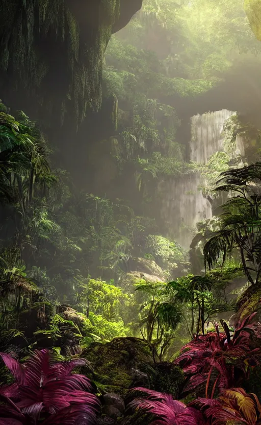 Image similar to a beautiful render of a dark prehistoric rainforest in a humongous cave, lush flora, patches of yellowish - magenta sky, sunset, floating mountains and a waterfall in the background, intricate detail, hazy, humid, volumetric lighting, 8 k, photorealistic, raytracing effects, unreal engine 5