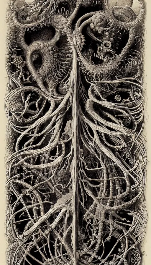 Image similar to life and death mixing together, by ernst haeckel