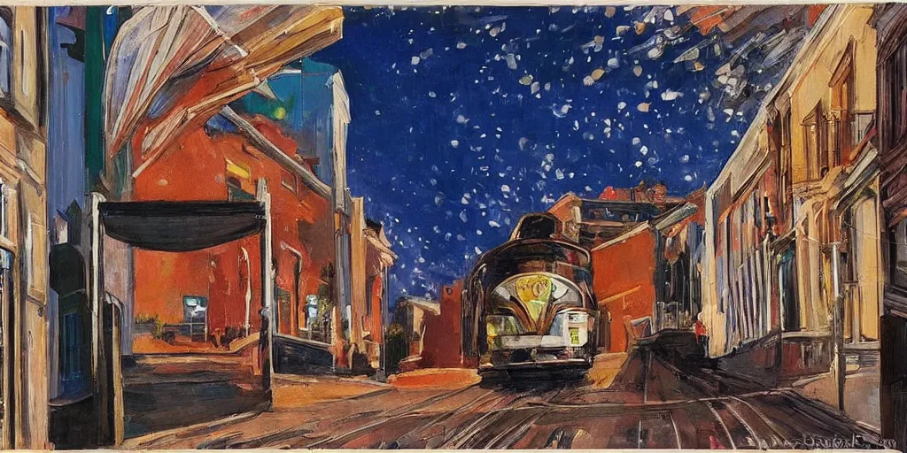 Image similar to street art. paralyzed by the indescribable beauty of the cosmos. amazing view of the electric trail from lisbon. art style by edward hopper daring, incredible