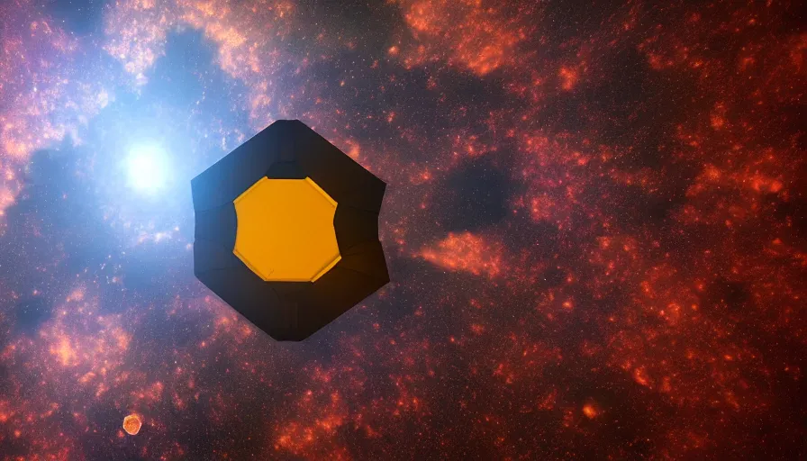 Image similar to hexagon blocking sun, in space, earth visible below, trending on art station, 8 k, octane render
