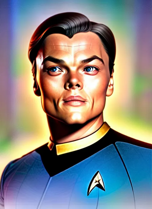 Prompt: cute star trek officer leonardo di caprio, natural lighting, path traced, highly detailed, high quality, digital painting, by don bluth and ross tran and studio ghibli and alphonse mucha, artgerm